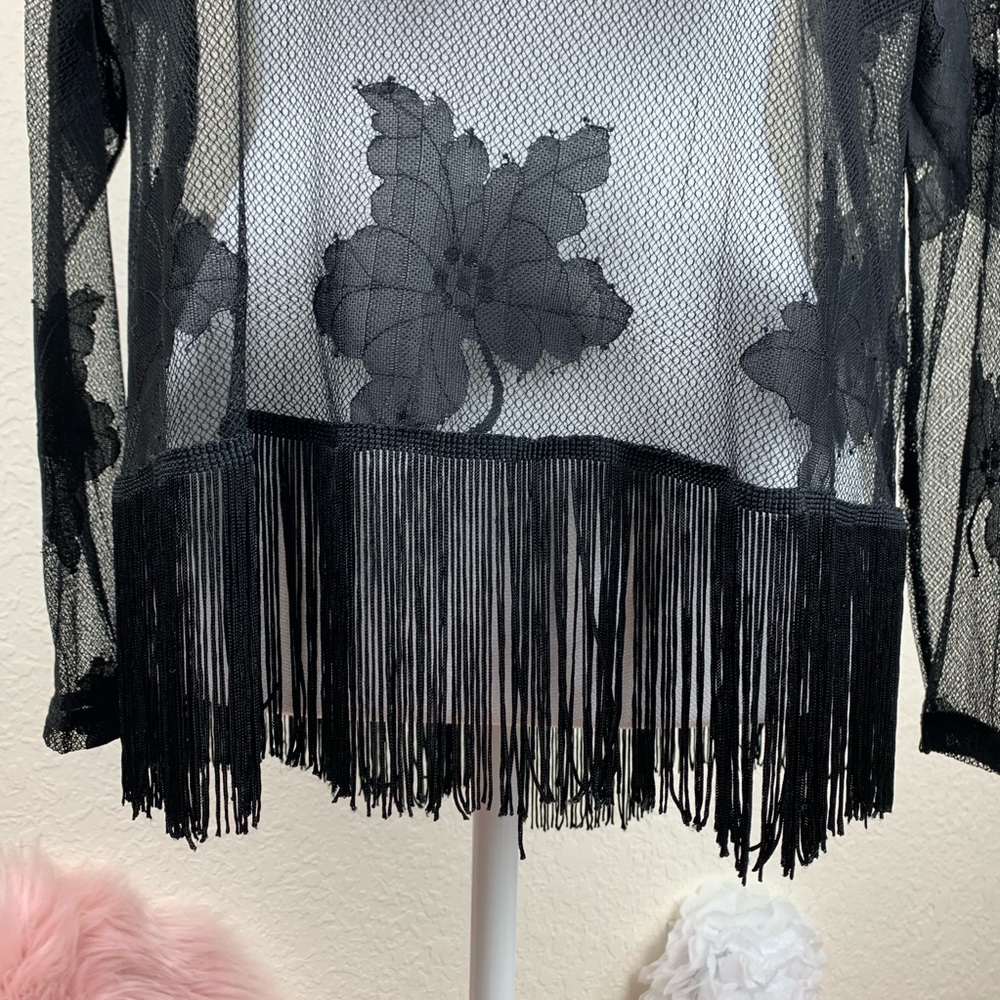 ASTR Black Sheer Leaf Print Fringe Top - Picture 6 of 12